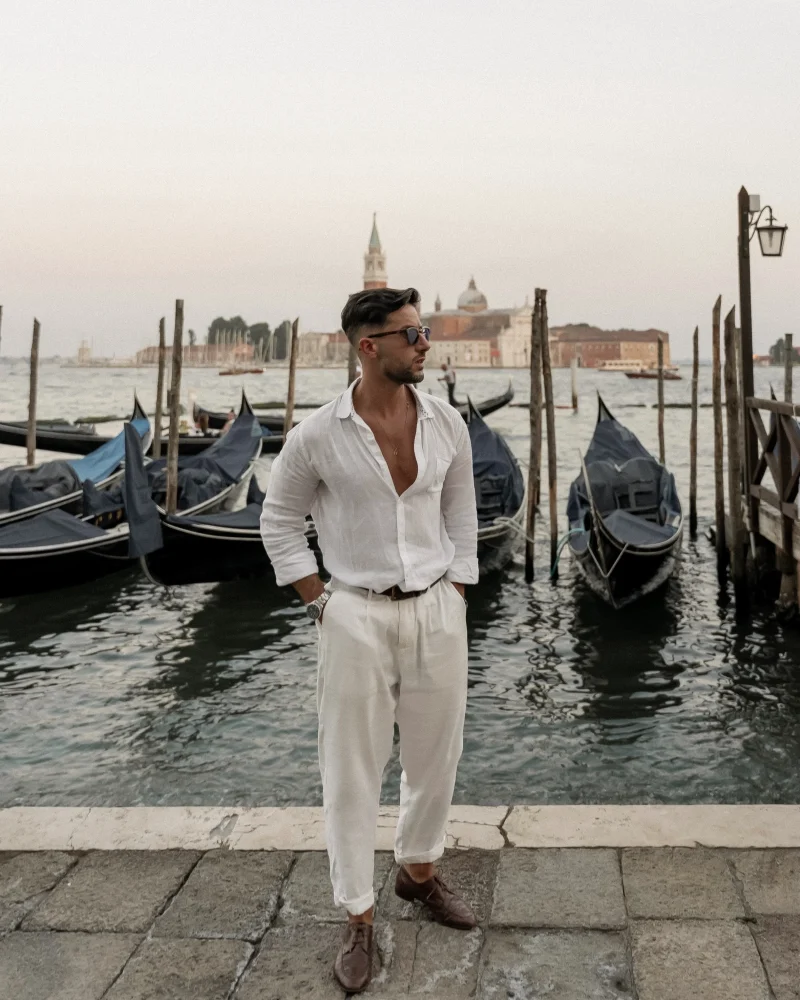 White Linen Button-Down with Cream Trousers and Brown Loafers