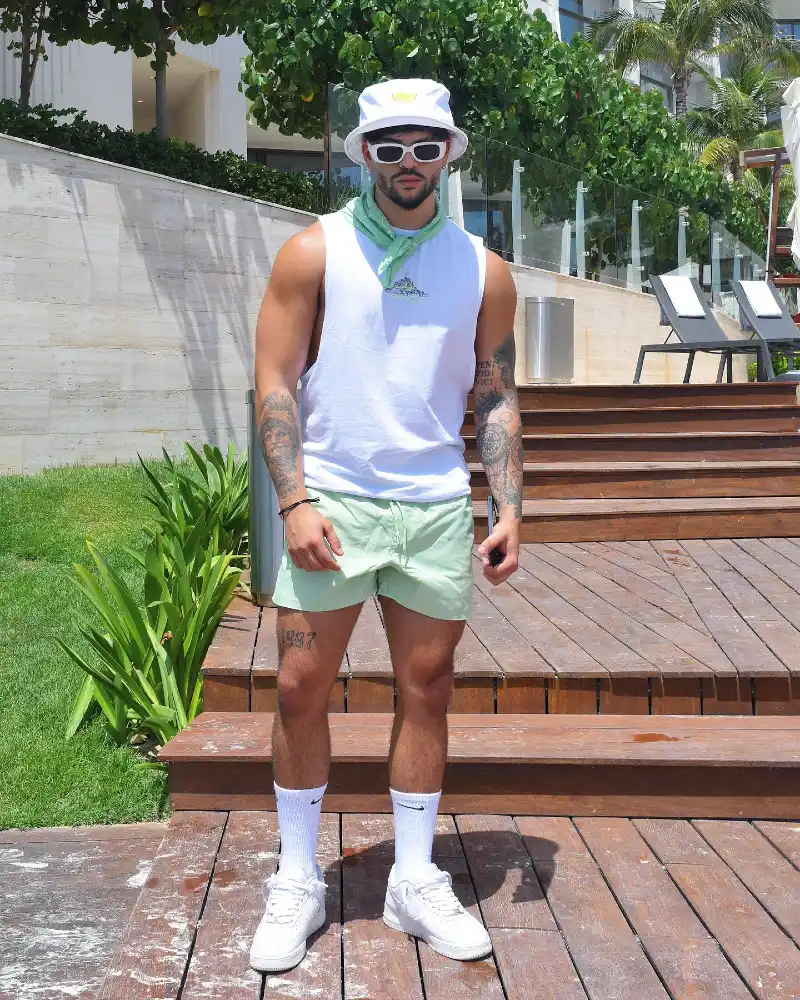 White Muscle Tank with Mint Green Shorts and Bucket Hat