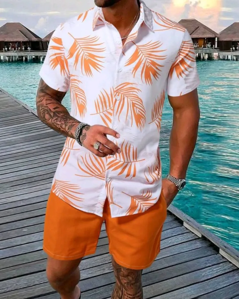 White Patterned Frond Shirt with Solid Orange Shorts