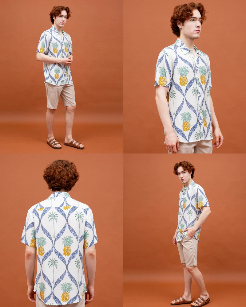 White Pineapple Print Camp Shirt with Khaki Shorts