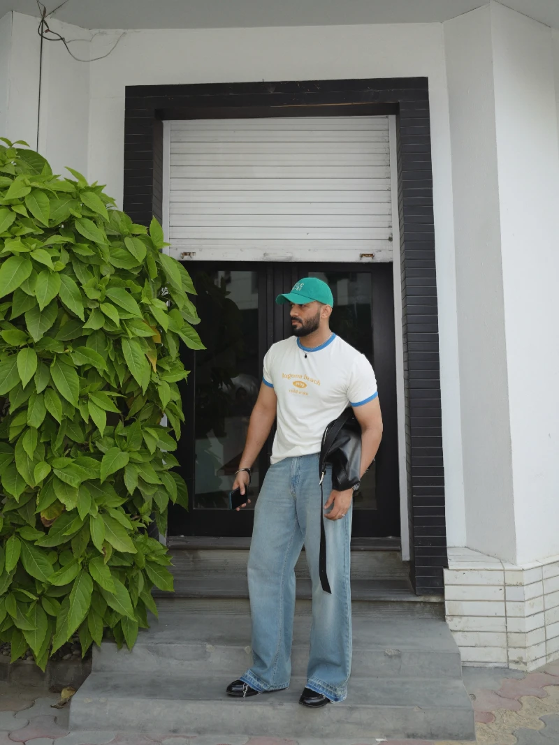 White Ringer Tee with Light Wash Wide-Leg Jeans