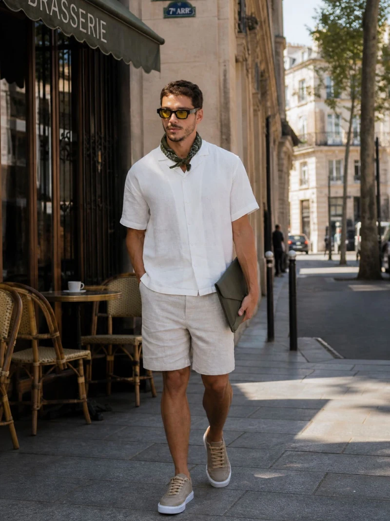 White Short-Sleeve Shirt with Beige Linen Shorts and Olive Neckerchief