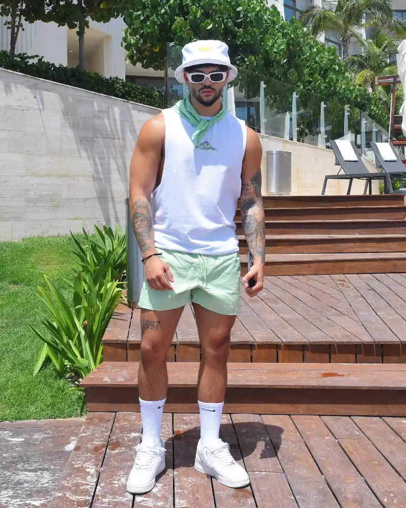 White Tank Top with Mint Shorts and Bucket Hat