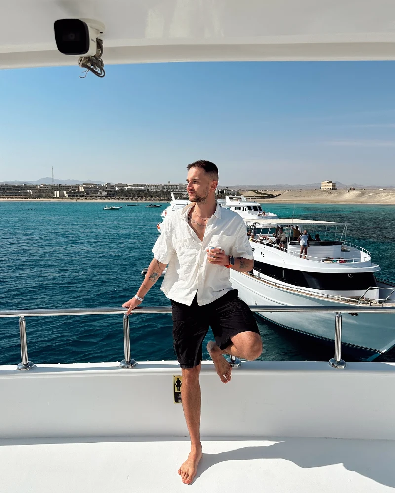 White Textured Button-Up with Black Cargo Shorts