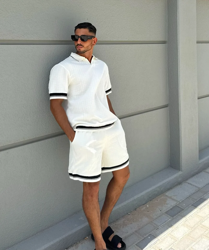 White Textured Polo and Shorts Set with Black Accents