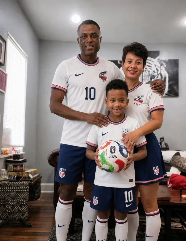 White USA Soccer Kit with Navy Shorts and Tall Socks