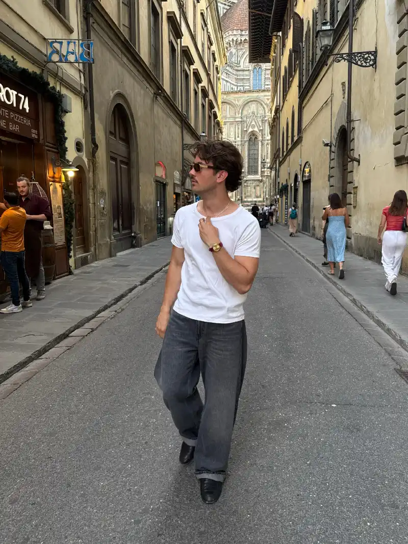 White Wide-Neck T-Shirt with Washed Black Baggy Jeans