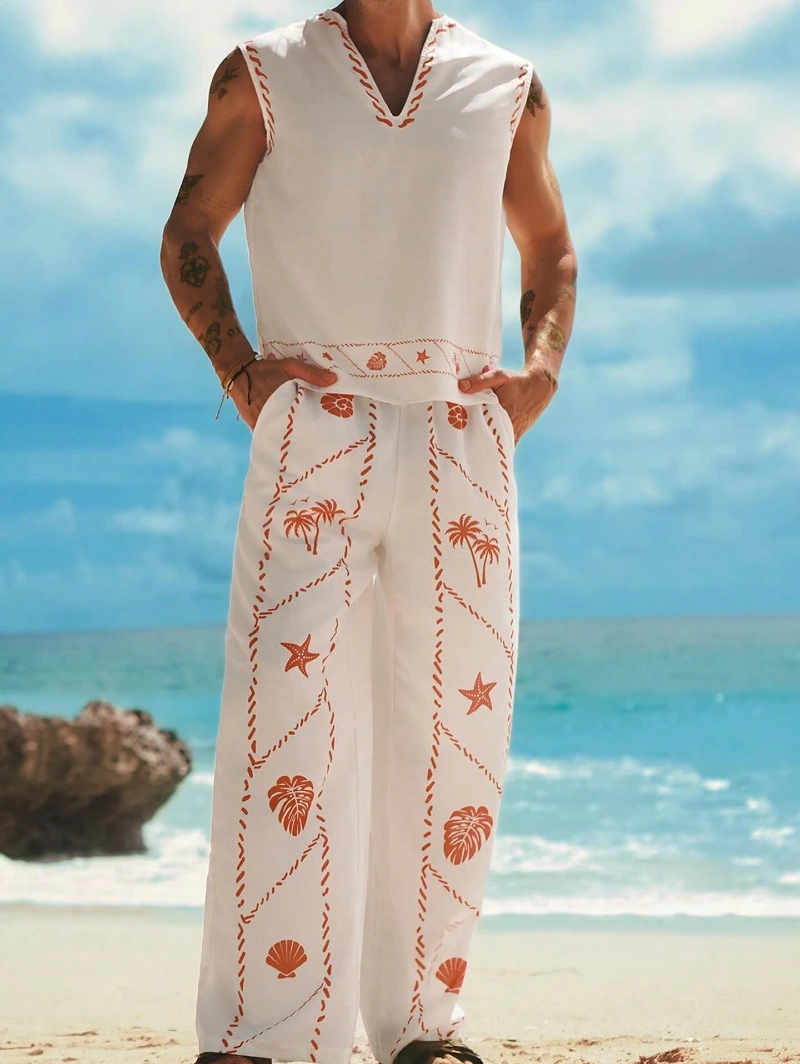 White and Rust Embroidered Sleeveless Matching Set