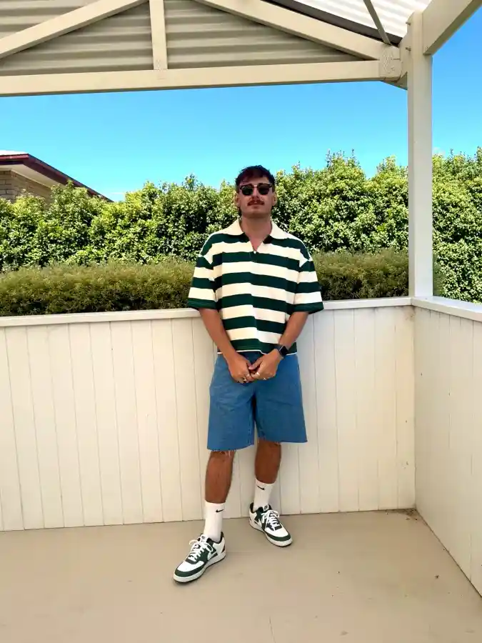 Wide-Stripe Knit Polo & Cut-Off Denim Shorts – Retro Skate Vibe