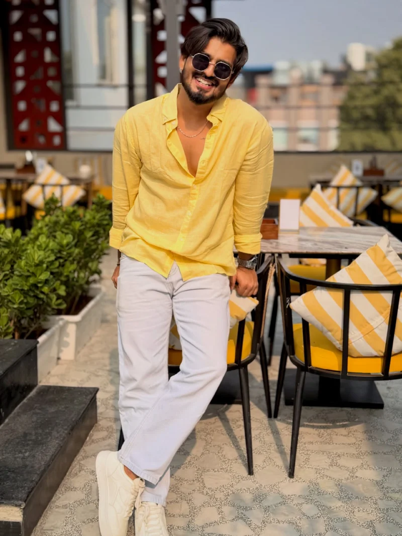 Yellow Linen Shirt with Light Denim and Chunky Sneakers