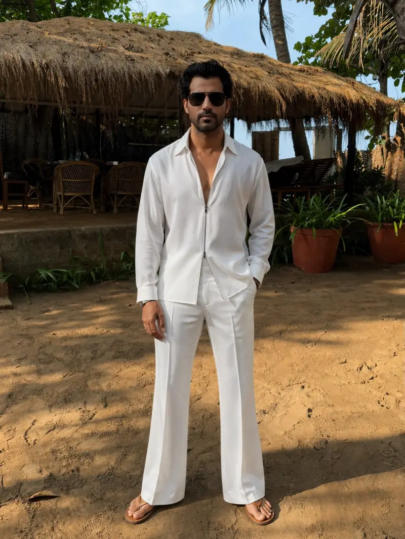 Zip-Front Shirt with Flared Trousers and Leather Sandals