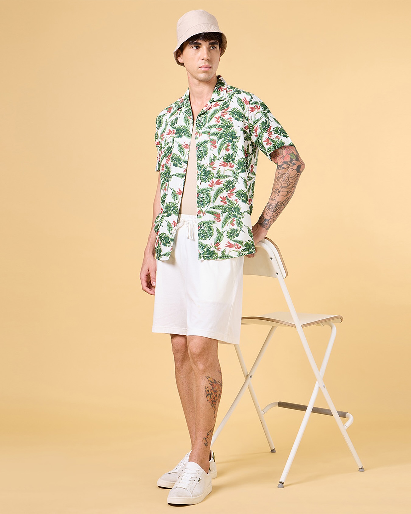 Tropical Print Shirt Open Over White Drawstring Shorts