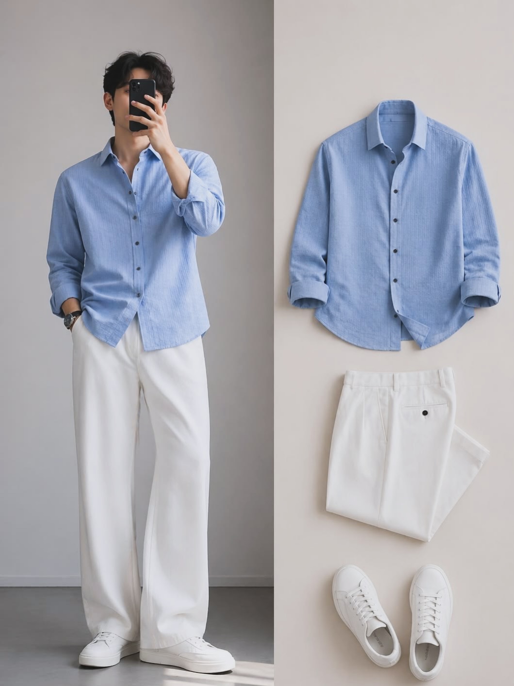 Blue Textured Shirt and White Wide-Leg Trousers Effortless Coastal Cool