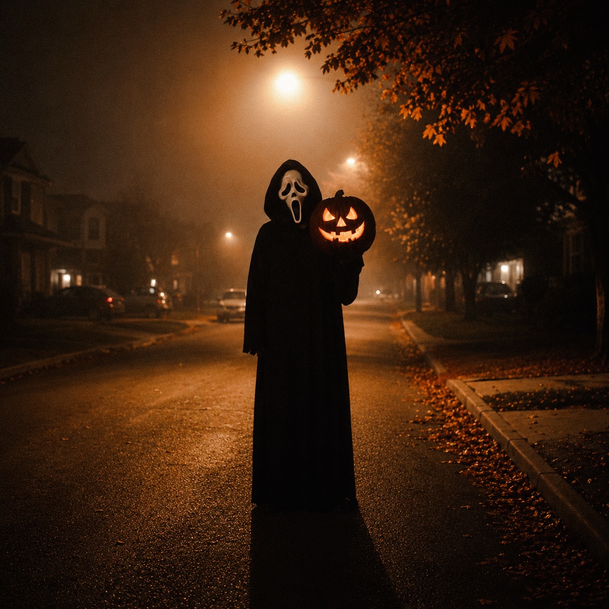 Black Hooded Slasher Robe with Carved Jack-o'-Lantern Glow