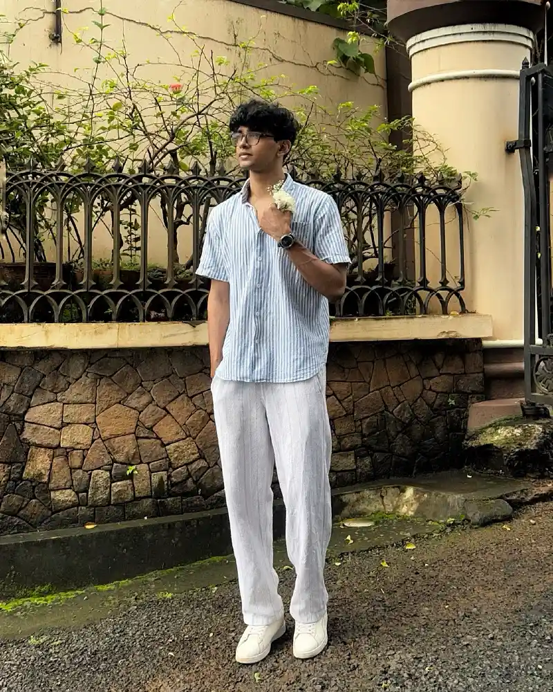 Short-Sleeve Striped Button-Down with Loose White Linen and Sneakers